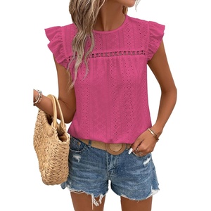 image:imageFloerns Womens Boho Eyelet Embroidery Ruffle Cap Sleeve T ShirtRose