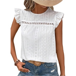 image:imageFloerns Womens Boho Eyelet Embroidery Ruffle Cap Sleeve T ShirtWhite