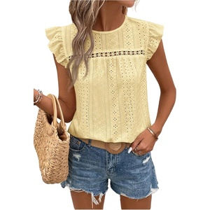 image:imageFloerns Womens Boho Eyelet Embroidery Ruffle Cap Sleeve T ShirtYellow