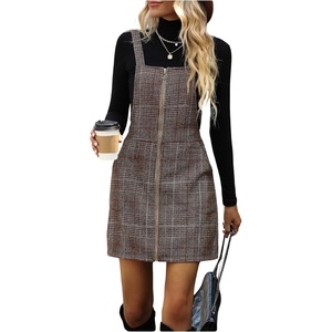 image:imageFloerns Womens Casual Tartan Print Zip Up Sleeveless Pinafore Overall DressKhaki