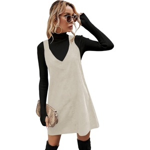 image:imageFloerns Womens Casual V Neck A Line Corduroy Pinafore Overall DressApricot