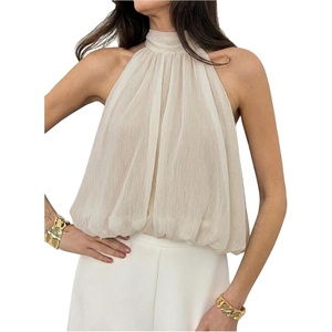 image:imageFloerns Womens Chiffon Bowknot Bubble Hem Sleeveless Halter Tank TopsBeige