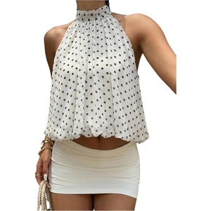 image:imageFloerns Womens Chiffon Bowknot Bubble Hem Sleeveless Halter Tank TopsBlack and White
