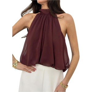 image:imageFloerns Womens Chiffon Bowknot Bubble Hem Sleeveless Halter Tank TopsCoffee Brown