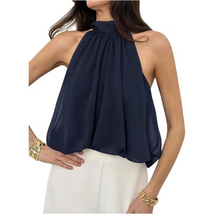 image:imageFloerns Womens Chiffon Bowknot Bubble Hem Sleeveless Halter Tank TopsDark Blue
