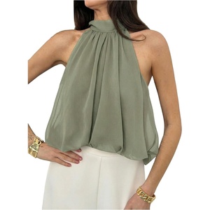 image:imageFloerns Womens Chiffon Bowknot Bubble Hem Sleeveless Halter Tank TopsOlive Green