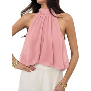 image:imageFloerns Womens Chiffon Bowknot Bubble Hem Sleeveless Halter Tank TopsPink