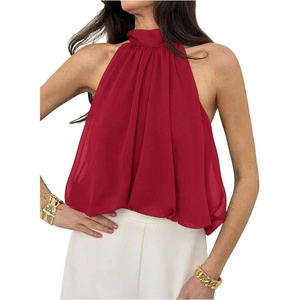 image:imageFloerns Womens Chiffon Bowknot Bubble Hem Sleeveless Halter Tank TopsRed