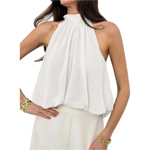 image:imageFloerns Womens Chiffon Bowknot Bubble Hem Sleeveless Halter Tank TopsWhite
