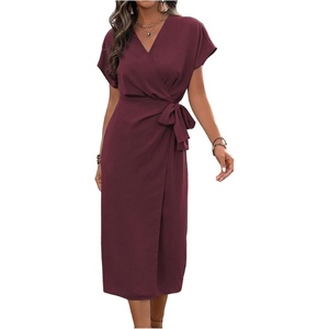image:imageFloerns Womens Cocktail Date Night Elegant Wrap V Neck Midi Fall DressBurgundy