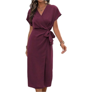 image:imageFloerns Womens Cocktail Date Night Elegant Wrap V Neck Midi Fall DressBurgundy Plum