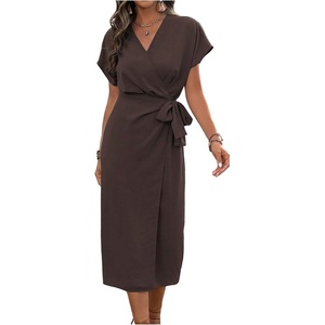 image:imageFloerns Womens Cocktail Date Night Elegant Wrap V Neck Midi Fall DressChocolate Brown
