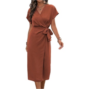 image:imageFloerns Womens Cocktail Date Night Elegant Wrap V Neck Midi Fall DressRust Brown