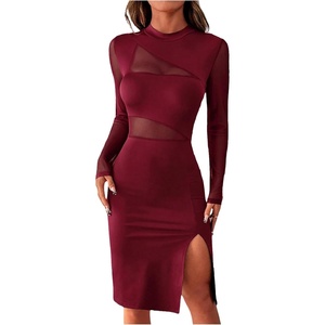 image:imageFloerns Womens Contrast Mesh Long Sleeve Bodycon Dress Slit Hem Mock Neck Pencil DressBurgundy