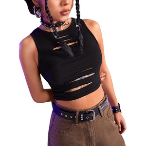 image:imageFloerns Womens Cut Out Sleeveless Punk Rock Solid Ripped Crop Tank TopBlack