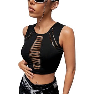image:imageFloerns Womens Cut Out Sleeveless Punk Rock Solid Ripped Crop Tank TopBlack Plain