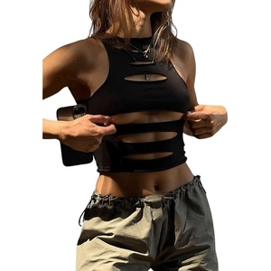image:imageFloerns Womens Cut Out Sleeveless Punk Rock Solid Ripped Crop Tank TopBlack a