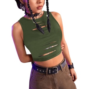 image:imageFloerns Womens Cut Out Sleeveless Punk Rock Solid Ripped Crop Tank TopGreen
