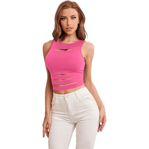 image:imageFloerns Womens Cut Out Sleeveless Punk Rock Solid Ripped Crop Tank TopPink