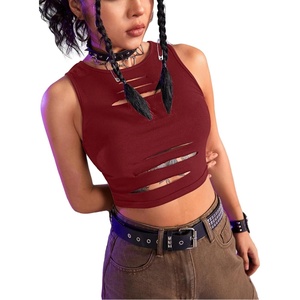image:imageFloerns Womens Cut Out Sleeveless Punk Rock Solid Ripped Crop Tank TopRose Purple