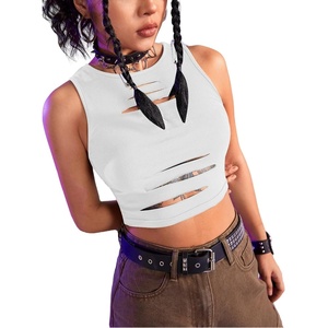 image:imageFloerns Womens Cut Out Sleeveless Punk Rock Solid Ripped Crop Tank TopWhite