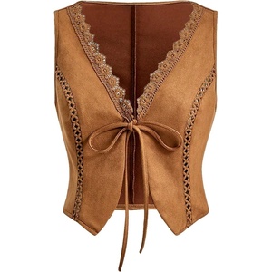 image:imageFloerns Womens Embroidery Cowgirl Vest Tie Front Waistcoat Vest JacketsBrown