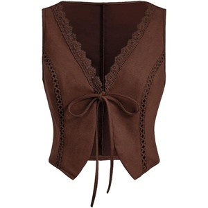 image:imageFloerns Womens Embroidery Cowgirl Vest Tie Front Waistcoat Vest JacketsCoffee Brown