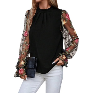 image:imageFloerns Womens Floral Embroidery Mesh Mock Neck Flare Long Sleeve Blouse TopBlack