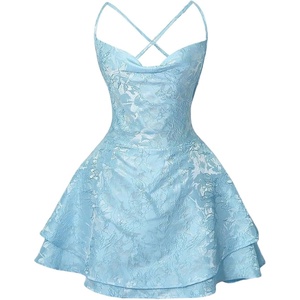 image:imageFloerns Womens Floral Jacquard Draped Mini Dress Sleeveless Lace Up Backless Tiered A Line DressesBlue