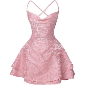 image:imageFloerns Womens Floral Jacquard Draped Mini Dress Sleeveless Lace Up Backless Tiered A Line DressesPink