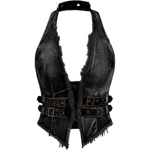 image:imageFloerns Womens Grunge Sleeveless Halter Backless Fringe Vest Denim TopsBlack