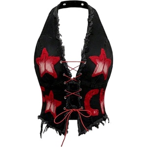 image:imageFloerns Womens Grunge Sleeveless Halter Backless Fringe Vest Denim TopsBlack Red