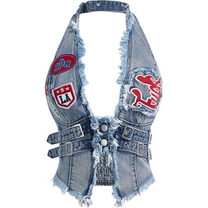 image:imageFloerns Womens Grunge Sleeveless Halter Backless Fringe Vest Denim TopsBlue Letter