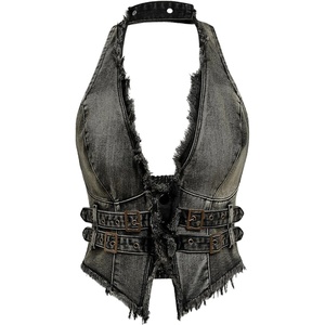 image:imageFloerns Womens Grunge Sleeveless Halter Backless Fringe Vest Denim TopsDusty Blue