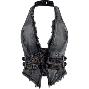 image:imageFloerns Womens Grunge Sleeveless Halter Backless Fringe Vest Denim TopsGrey