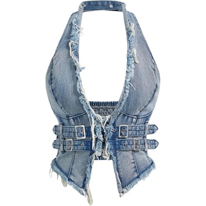 image:imageFloerns Womens Grunge Sleeveless Halter Backless Fringe Vest Denim TopsLight Wash