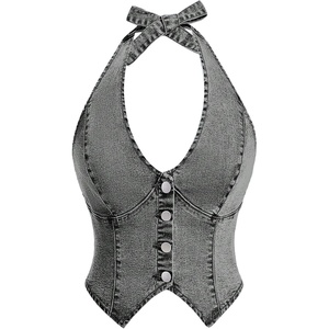 image:imageFloerns Womens Halter Denim Tank Top Button Down Backless Jean Crop TopsGrey