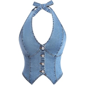 image:imageFloerns Womens Halter Denim Tank Top Button Down Backless Jean Crop TopsLight Wash