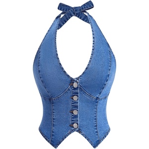 image:imageFloerns Womens Halter Denim Tank Top Button Down Backless Jean Crop TopsMedium Wash