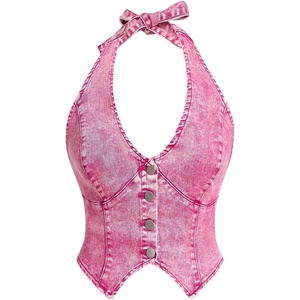 image:imageFloerns Womens Halter Denim Tank Top Button Down Backless Jean Crop TopsPink