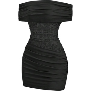 image:imageFloerns Womens Lace Patchwork Off The Shoulder Bodycon Mini DressBlack