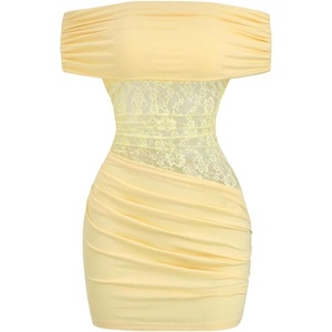 image:imageFloerns Womens Lace Patchwork Off The Shoulder Bodycon Mini DressLight Yellow