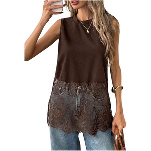 image:imageFloerns Womens Lace Tank Tops Patchwork Crewneck Sleeveless Tee TopsBrown