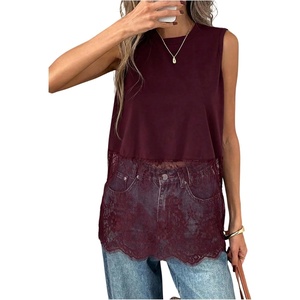 image:imageFloerns Womens Lace Tank Tops Patchwork Crewneck Sleeveless Tee TopsBurgundy
