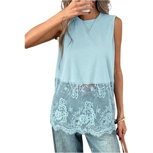 image:imageFloerns Womens Lace Tank Tops Patchwork Crewneck Sleeveless Tee TopsLight Blue