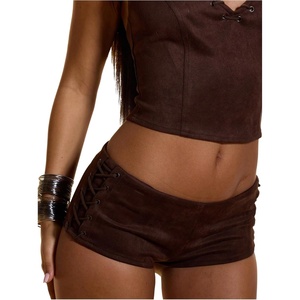 image:imageFloerns Womens Lace Up Mini Shorts Low Rise Music Festival Micro Hot PantsCoffee Brown
