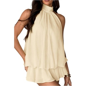 image:imageFloerns Womens Mesh Tie Knot Backless Ruffle Hem Halter Mini DressesApricot