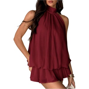 image:imageFloerns Womens Mesh Tie Knot Backless Ruffle Hem Halter Mini DressesBurgundy