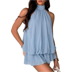 image:imageFloerns Womens Mesh Tie Knot Backless Ruffle Hem Halter Mini DressesDusty Blue
