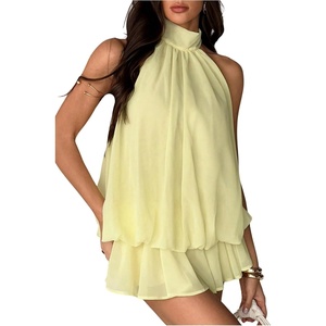 image:imageFloerns Womens Mesh Tie Knot Backless Ruffle Hem Halter Mini DressesLight Yellow